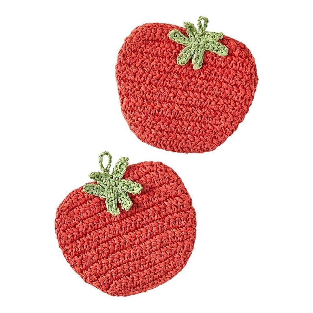 Anthropologie Woven Raffia Tomato Coasters, Set of 2 Crochet, Summer Decor